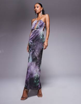 Asos Design Mesh Cut Away Detail Midi Dress In Abstract Purple Print-multi