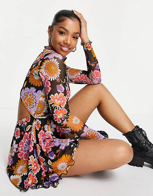  mesh cut out long sleeve playsuit in retro print 