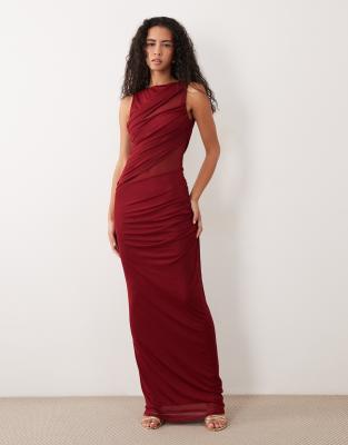 Asos Design Mesh Cutaway Column Slinky Maxi Dress In Burgundy