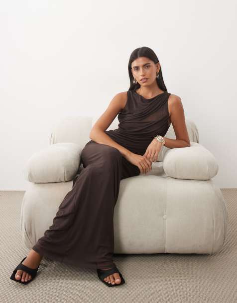 ASOS DESIGN mesh cutaway slinky maxi dress in chocolate - view 1