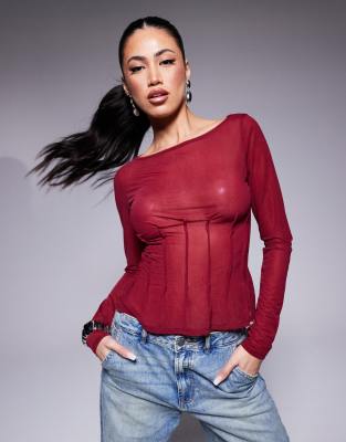 mesh dart detail long sleeve top in burgundy-Red