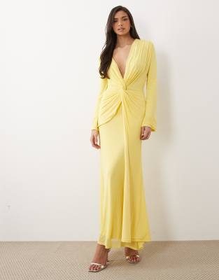 Asos Design Mesh Deep Plunge Long Sleeve Maxi Dress With Twist Knot Detail In Yellow