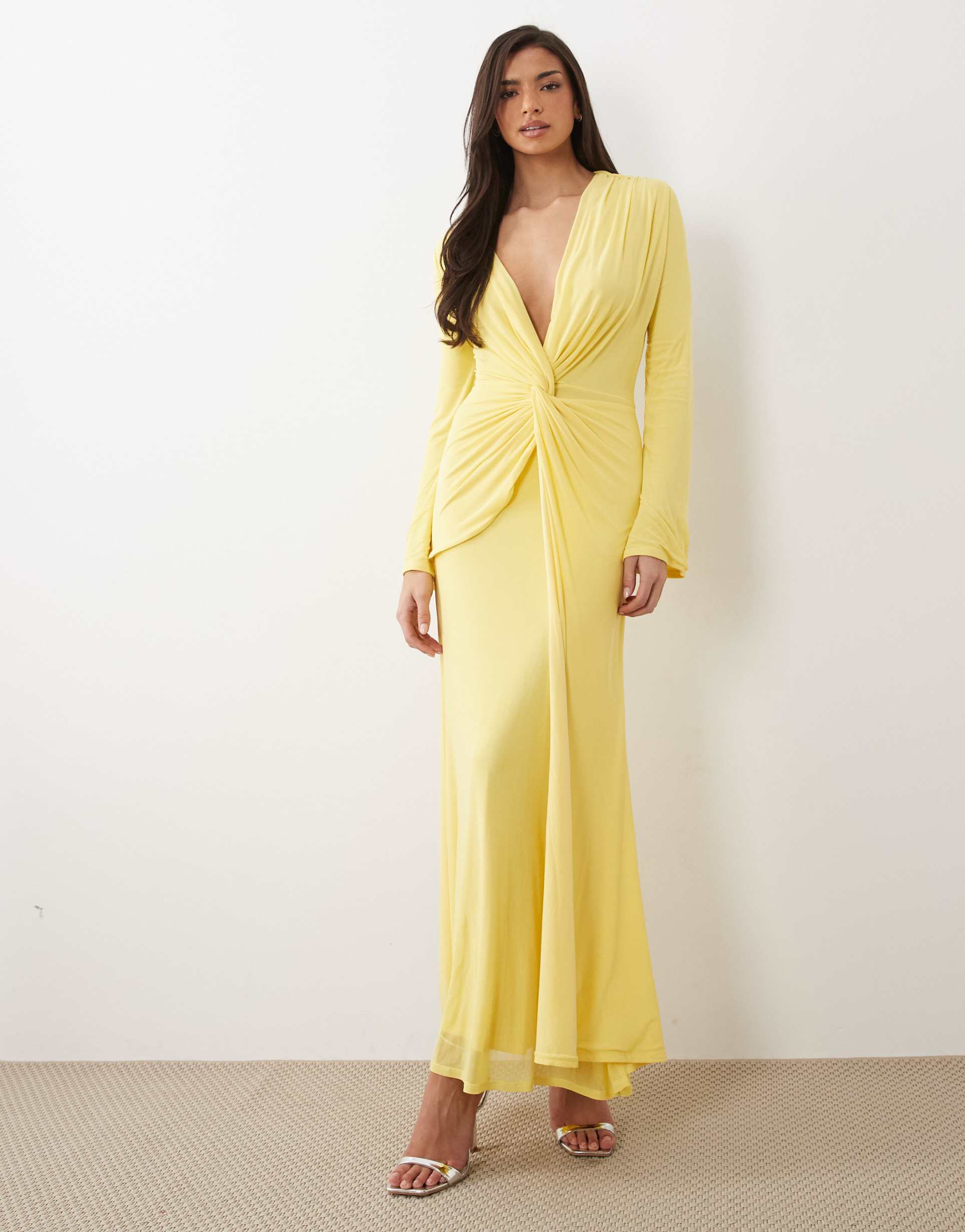 asos design mesh deep plunge long sleeve maxi dress with twist knot detail in lemon