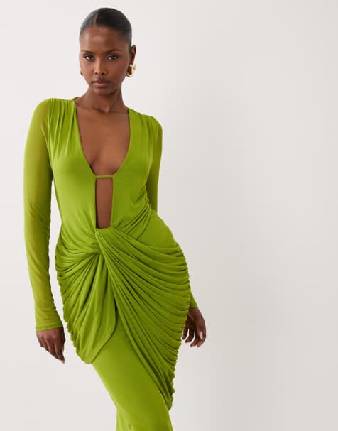 ASOS DESIGN mesh deep plunge long sleeve midi dress with draping in green