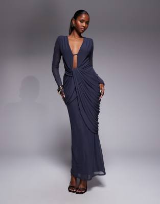Asos Design Mesh Deep Plunge Neck Long Sleeve Midi Dress With Draping In Gray