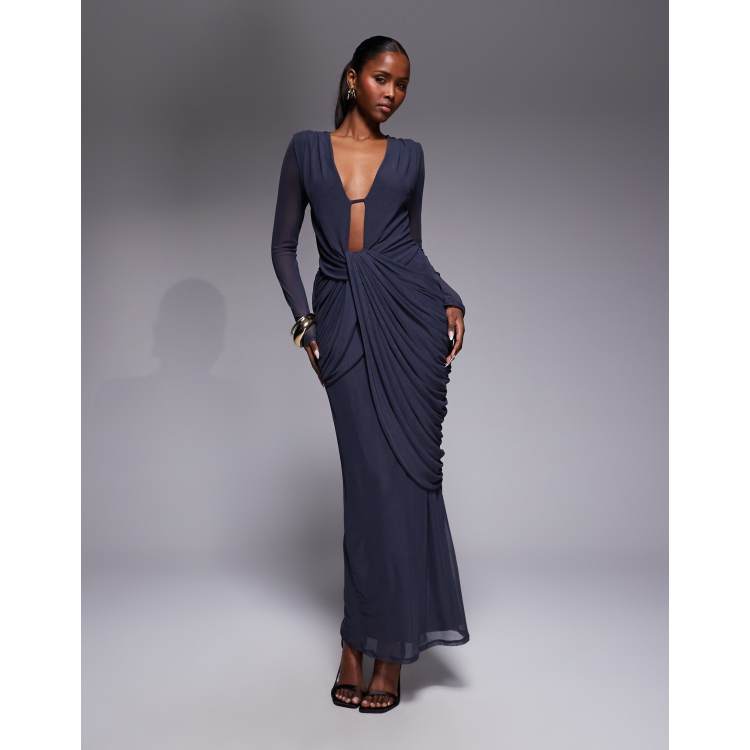 grey midi dress with sleeves ASOS Design - - Women - Polyester black prom gowns