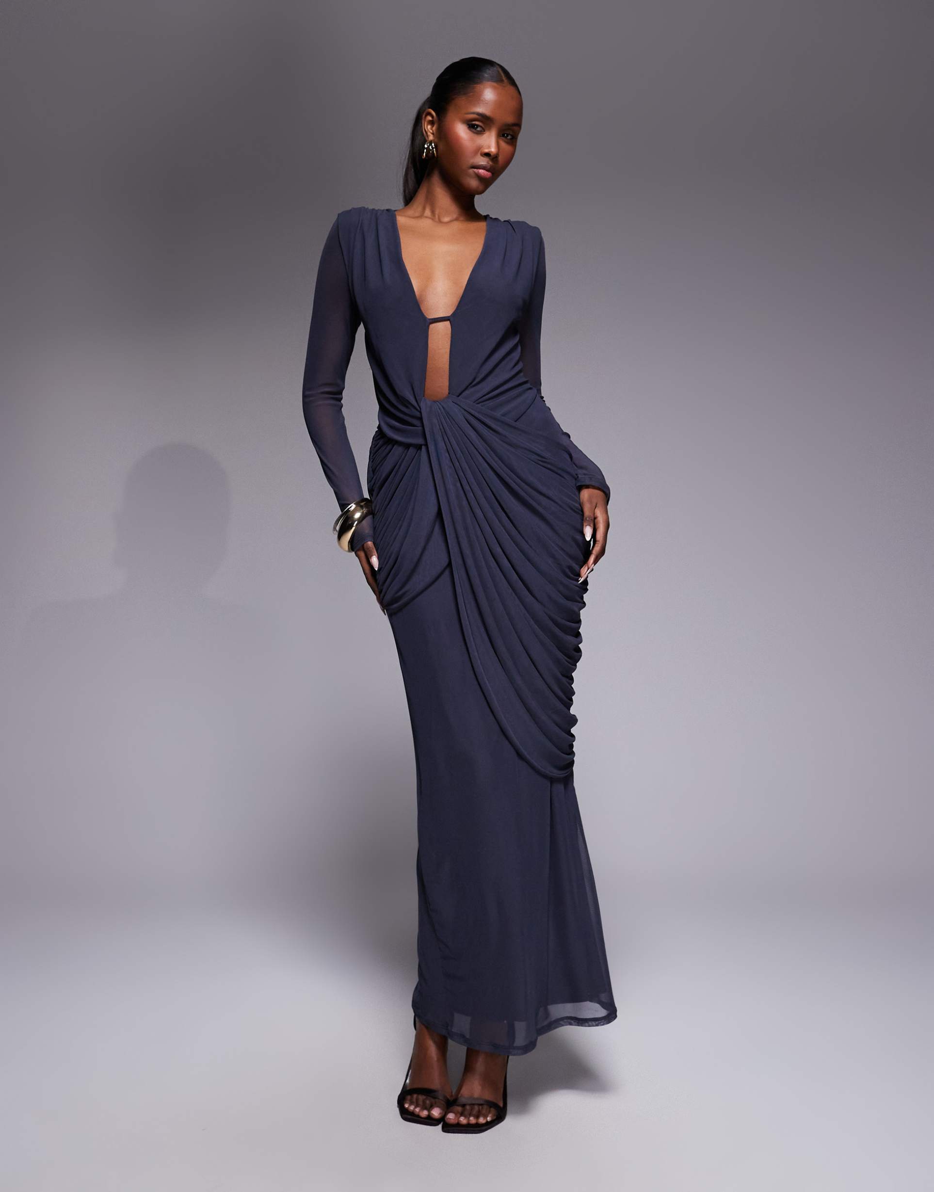 asos design mesh deep plunge neck long sleeve midi dress with draping in gray