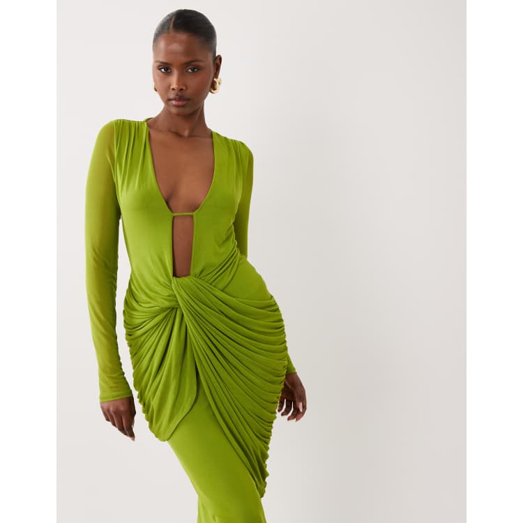 asos edition structured midi dress with extreme sleeve ASOS DESIGN scoop neck midi dress with extreme sleeve in green