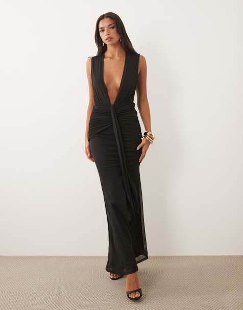 asos black prom dress ASOS LUXE Curve maxi dress with waterfall ruffles and tie straps in black