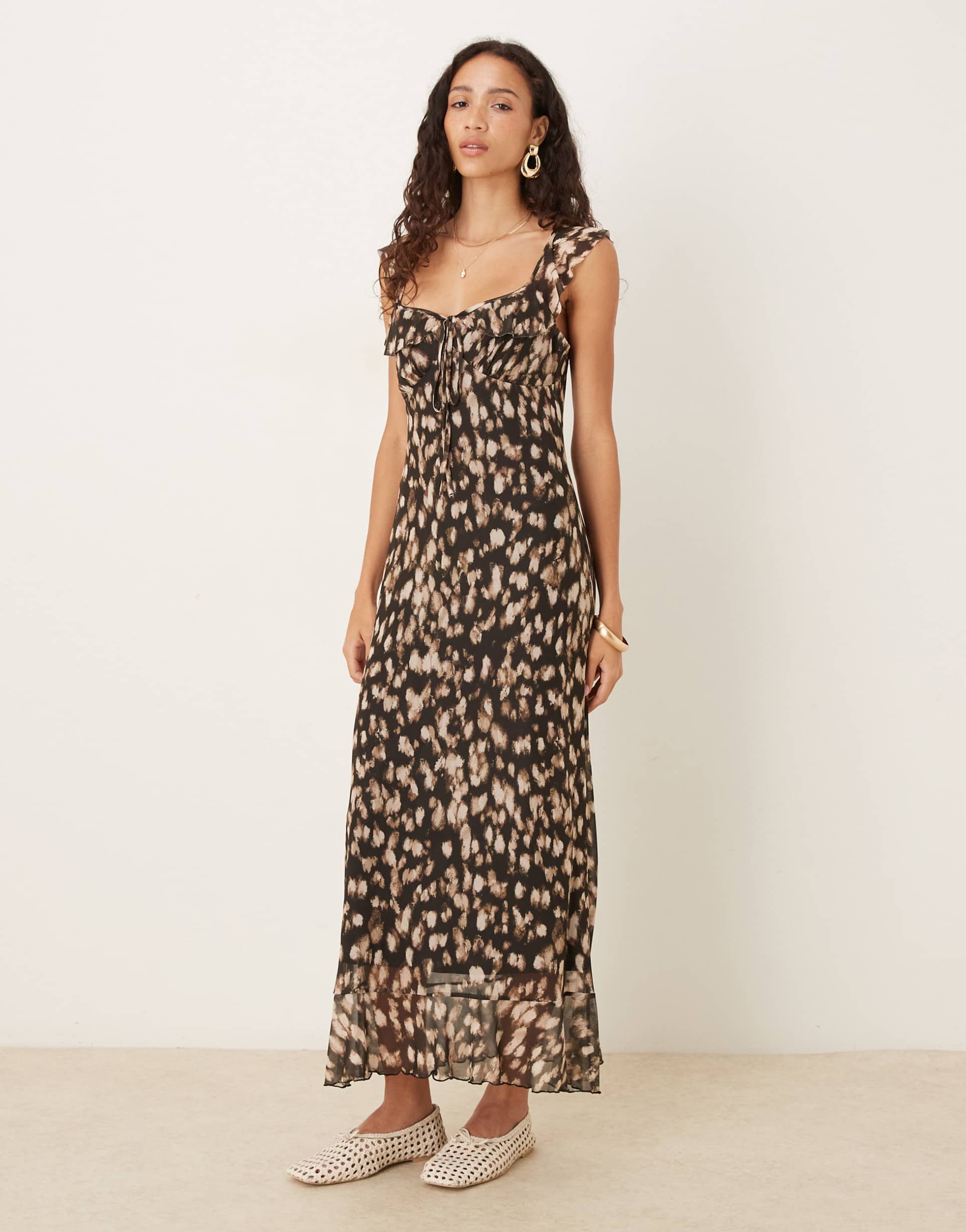asos design mesh double frill midi tea dress in abstract animal print