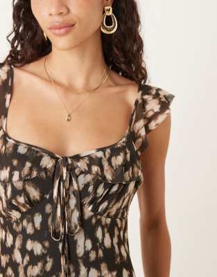 Asos Design Mesh Double Frill Midi Tea Dress In Brown