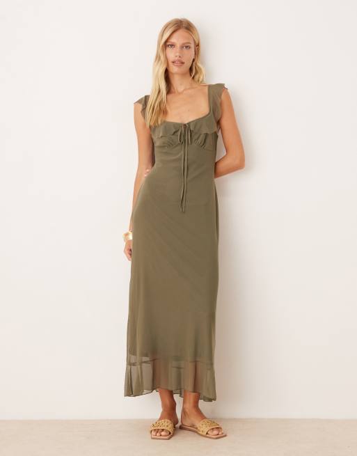 ASOS DESIGN mesh double frill midi tea dress in khaki green