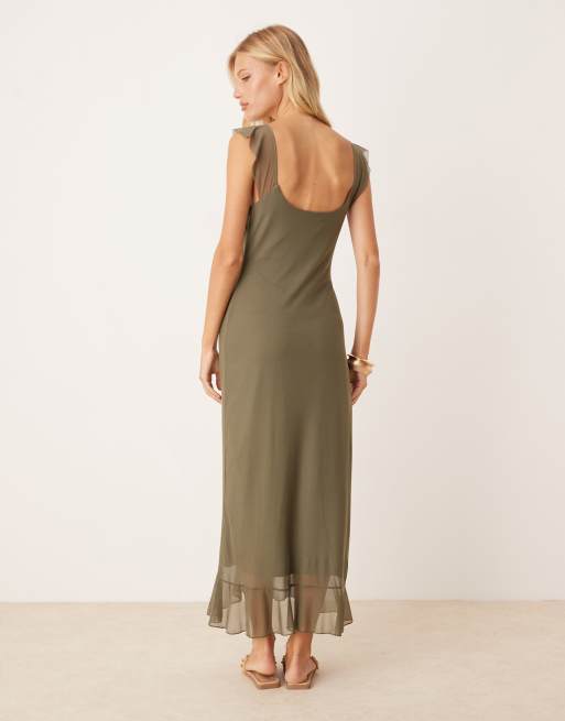 ASOS DESIGN mesh double frill midi tea dress in khaki green