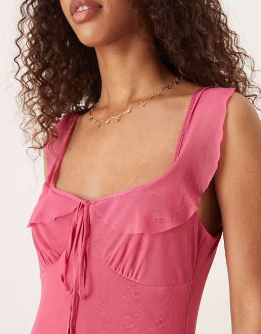 ASOS DESIGN mesh double frill midi tea dress in pink, 2 of 4
