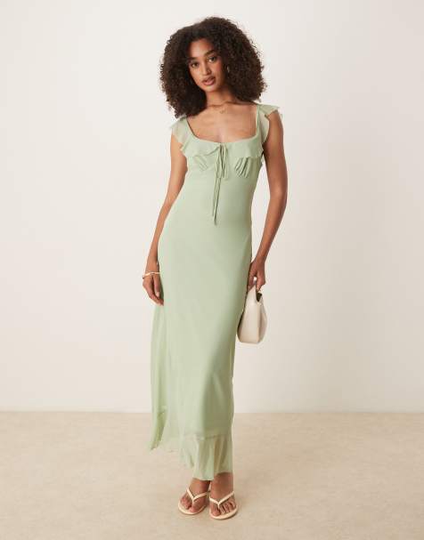 ASOS DESIGN mesh double frill midi tea dress in sage - view 1