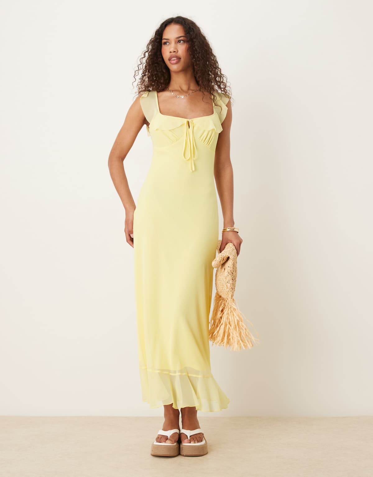 ASOS DESIGN mesh double frill midi tea dress in yellow
