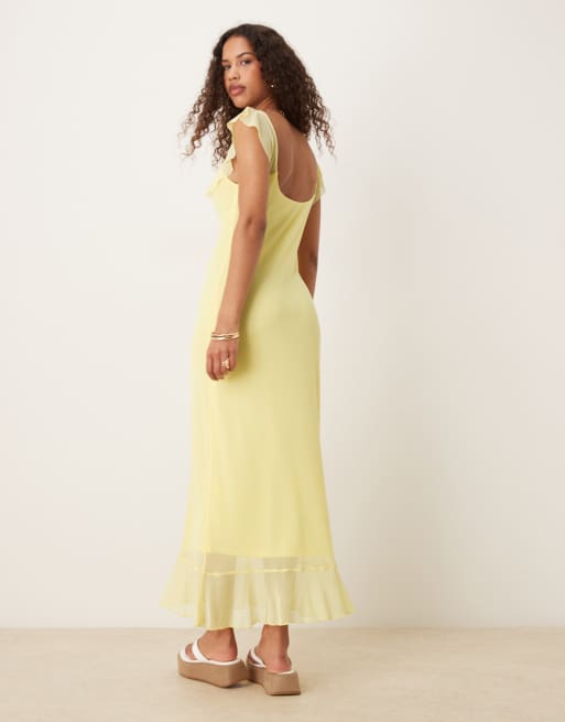 ASOS DESIGN mesh double frill midi tea dress in yellow | ASOS
