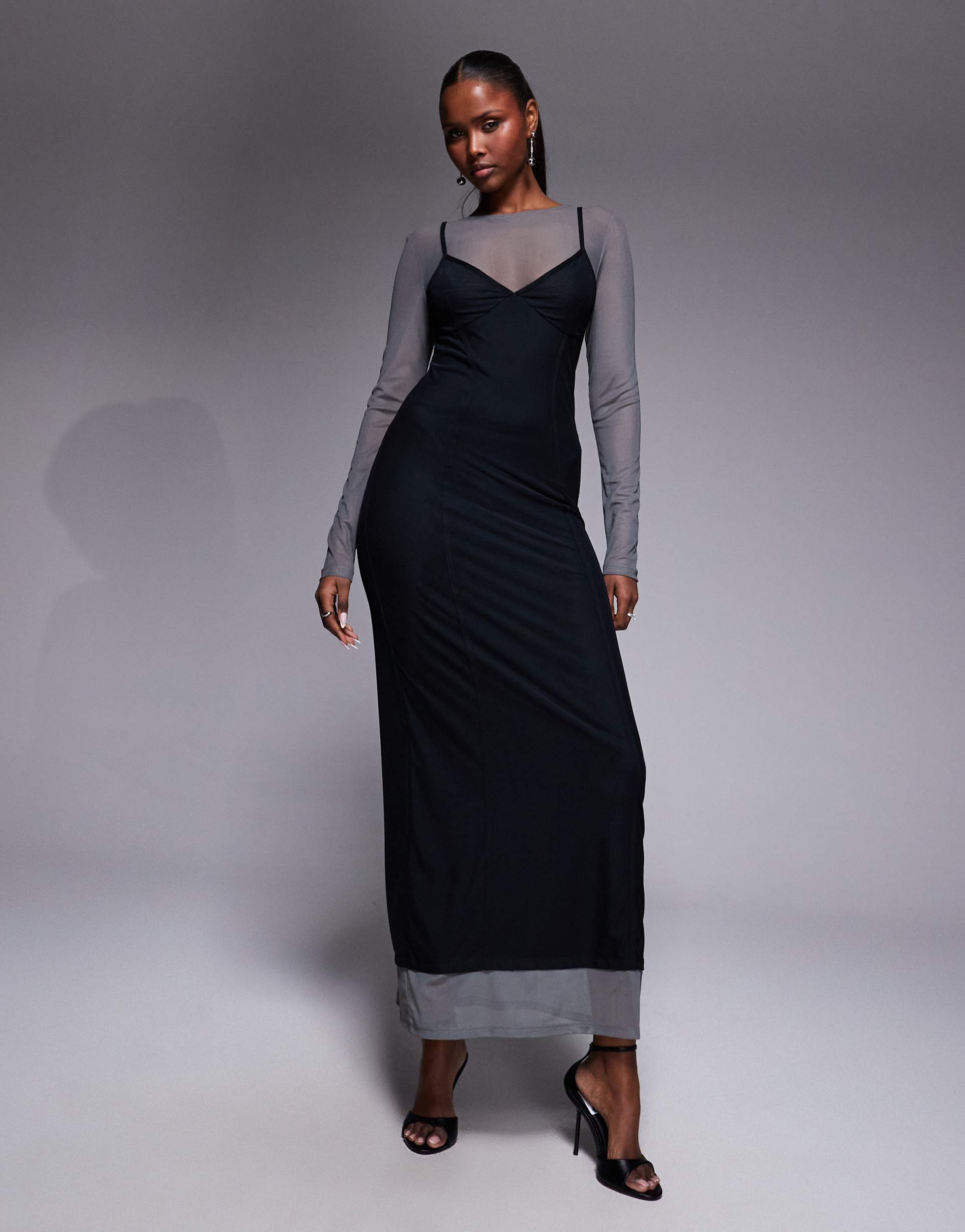 asos design mesh double layer corset maxi dress with seaming detail in charcoal