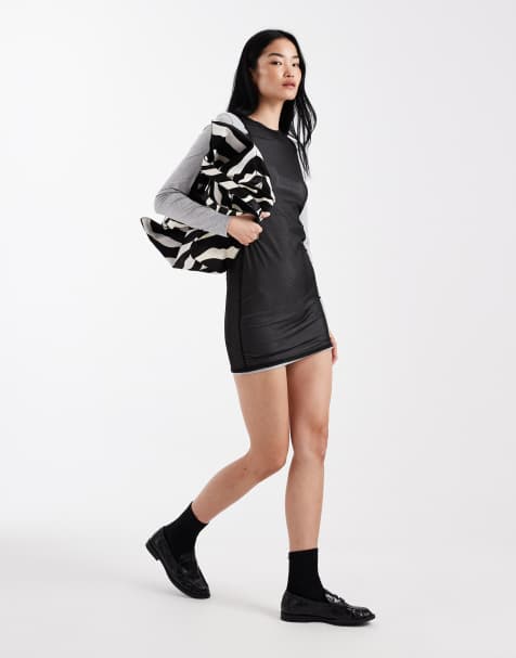 ASOS DESIGN mesh double layer long sleeve mini dress in stone and cream