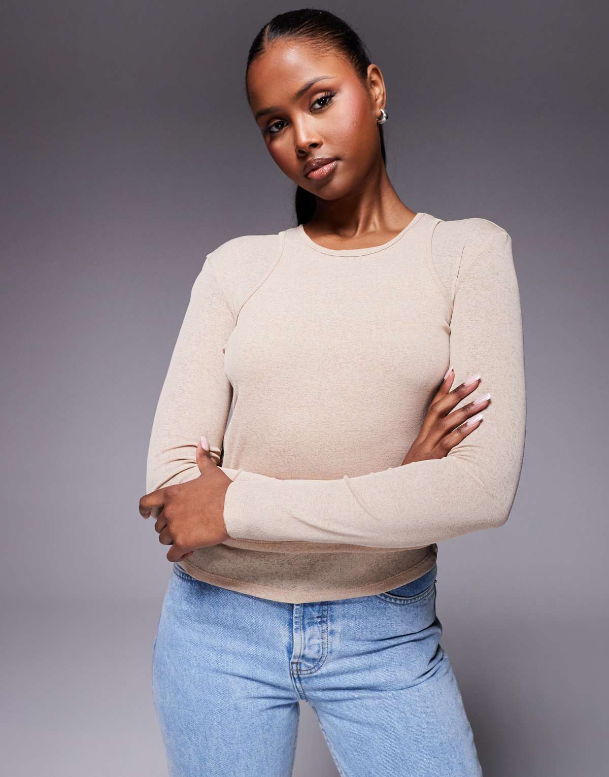 ASOS DESIGN mesh double layer long sleeve top in stone