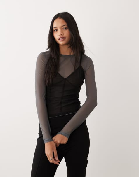 ASOS DESIGN mesh double layered long sleeve top with contrast cami in charcoal - view 1