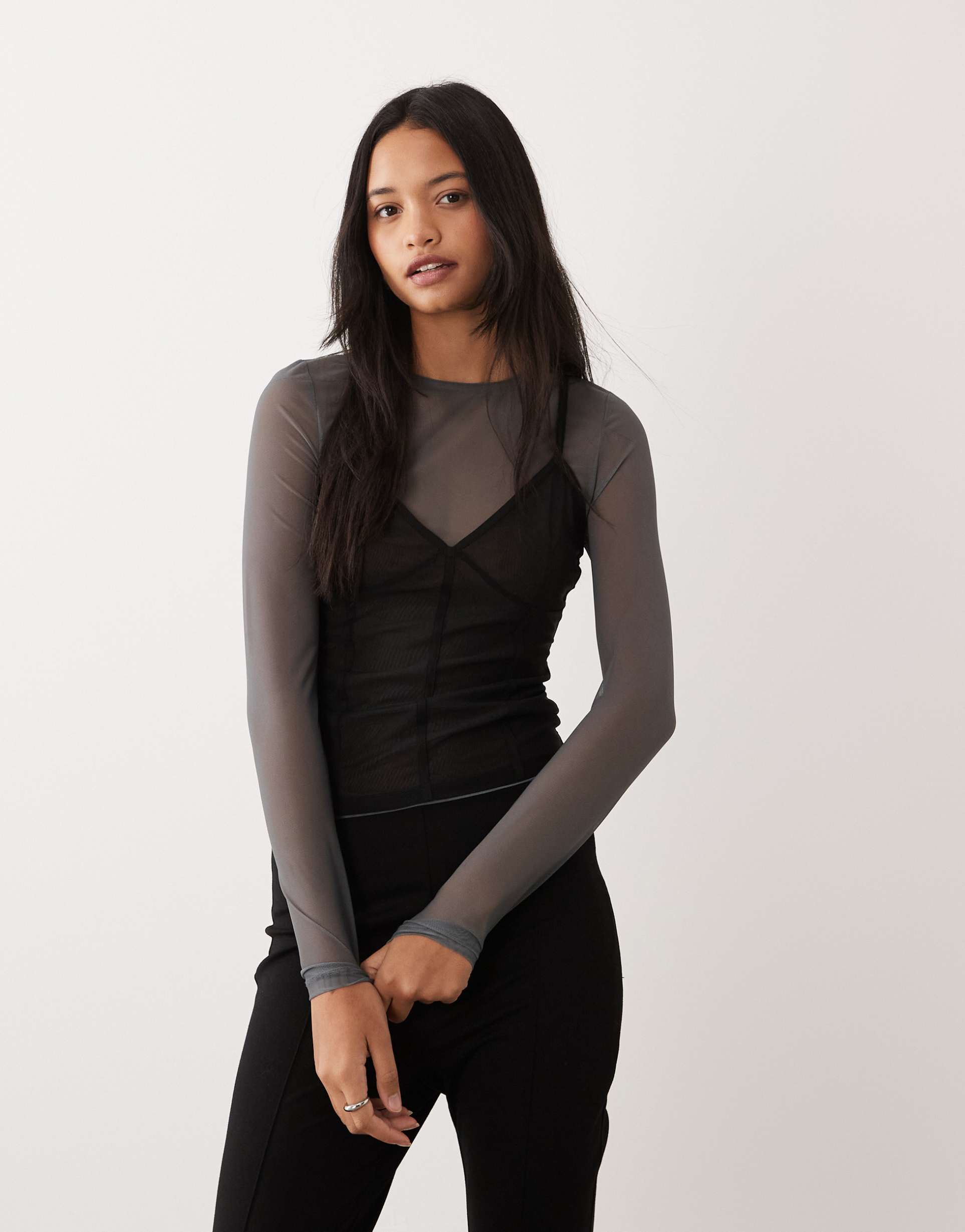 asos design mesh double layered long sleeve top with contrast cami in charcoal
