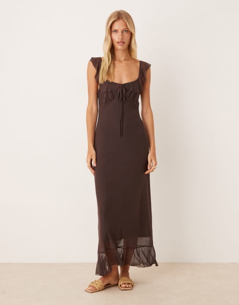 ASOS DESIGN mesh double ruffle midi tea dress in chocolate - view 1