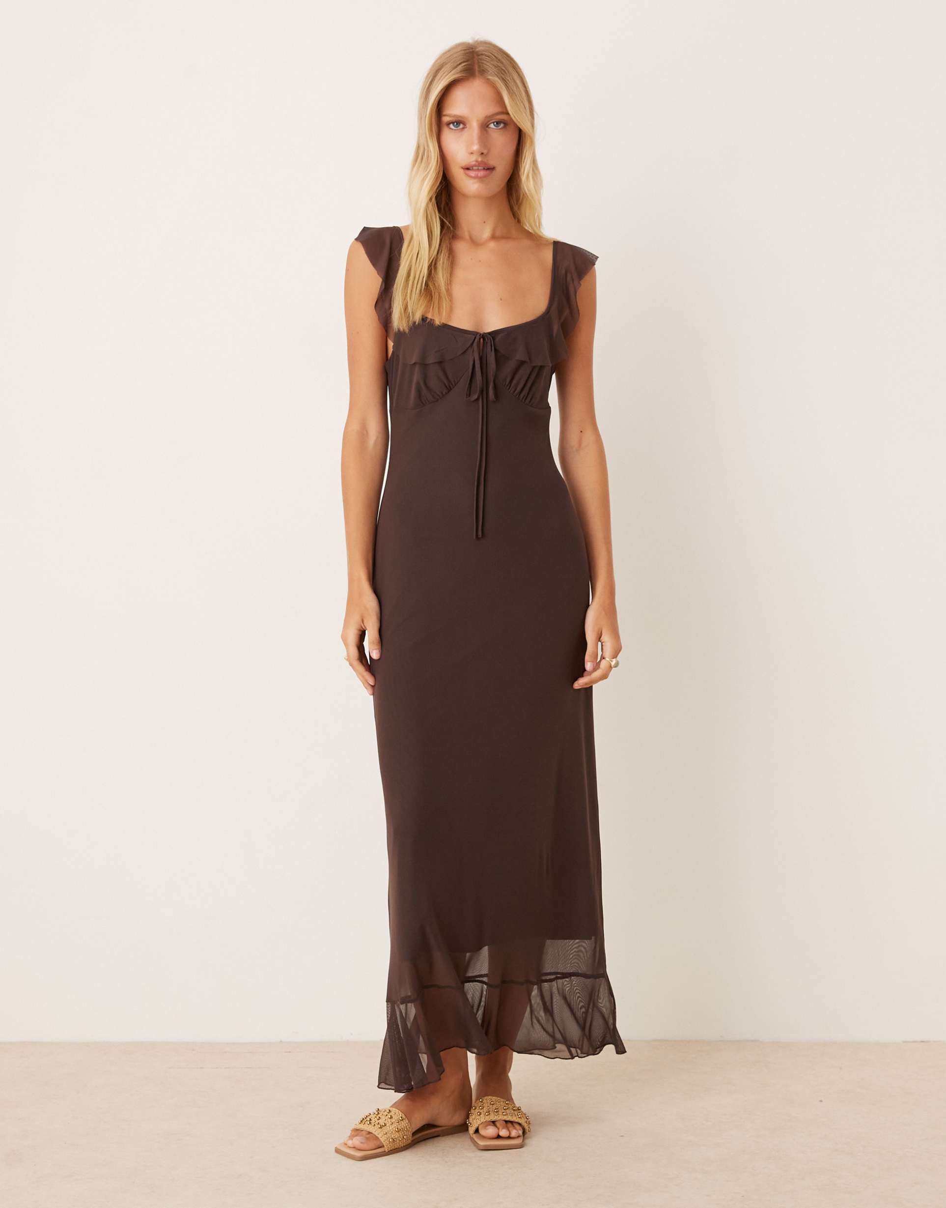 asos design mesh double ruffle midi tea dress in chocolate