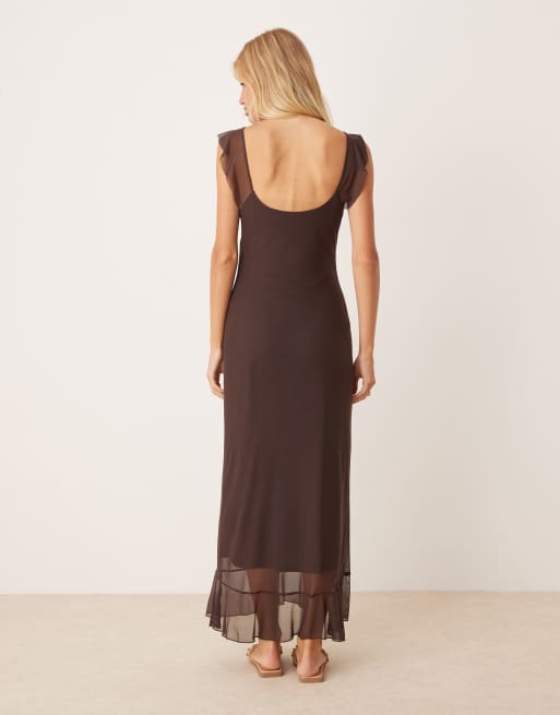 ASOS DESIGN mesh double ruffle midi tea dress in chocolate