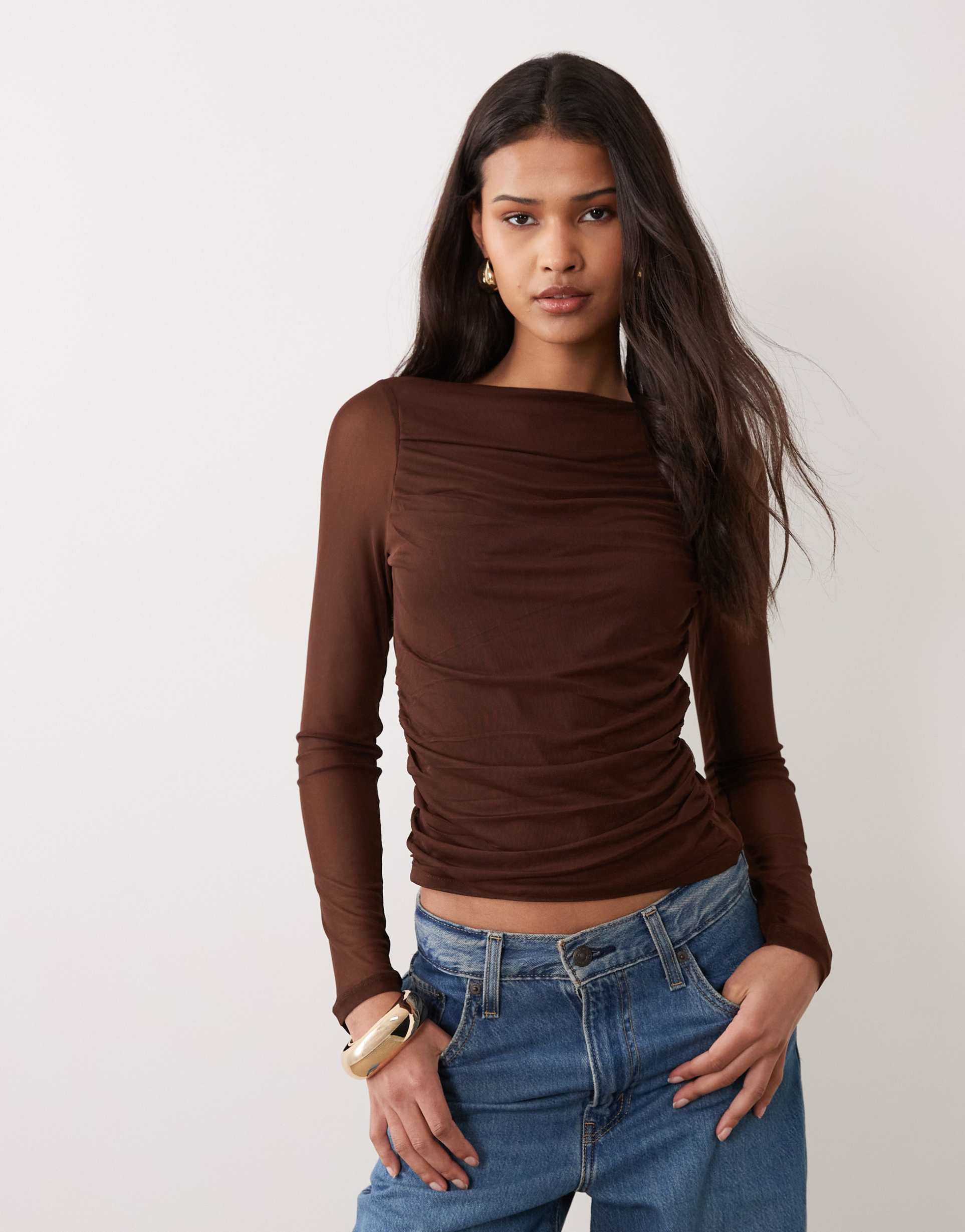 asos design mesh drape boat neck long sleeve top in chocolate