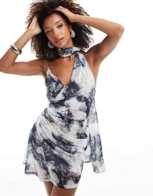 mesh drape cami mini dress with neck tie in marble print-Multi