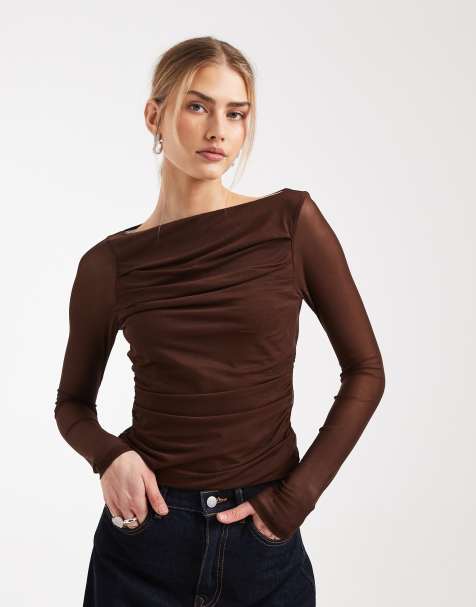 ASOS DESIGN mesh drape long sleeve top in chocolate