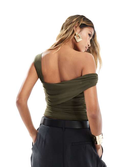 ASOS DESIGN mesh drape sleeveless top in khaki, 4 of 4