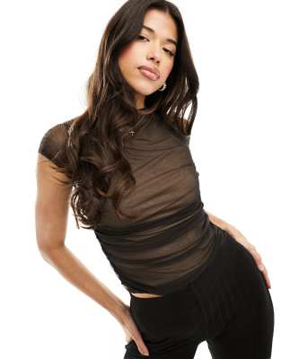 Asos Design Mesh Drape Top With Cap Sleeve In Black With Stone Lining