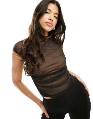 Asos Design Mesh Drape Top With Cap Sleeve In Black
