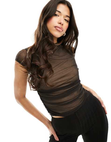 ASOS DESIGN mesh drape top with cap sleeve in black - view 1