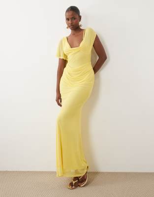 Asos Design Mesh Draped Asymmetric Sleeve Maxi Dress In Transparent