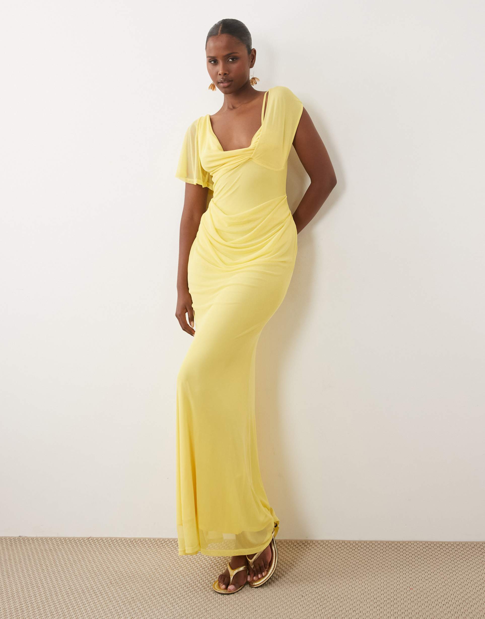 asos design mesh draped asymmetric sleeve maxi dress in lemon