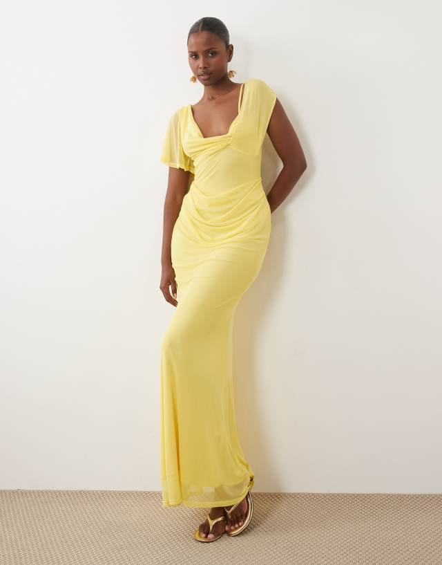 asos edition asymmetric drape dress DESIGN mesh draped sleeve maxi in lemon aesthetic Solthread Wedding Guest Dresses Color:Sage (Green) Elevate your wardrobe with