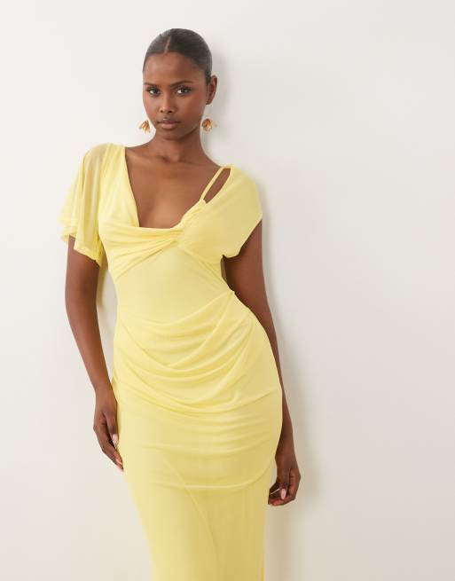 ASOS DESIGN mesh draped asymmetric sleeve maxi dress in lemon, 2 of 4