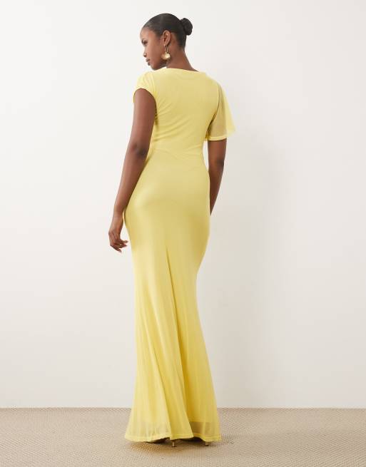 ASOS DESIGN mesh draped asymmetric sleeve maxi dress in lemon, 4 of 4