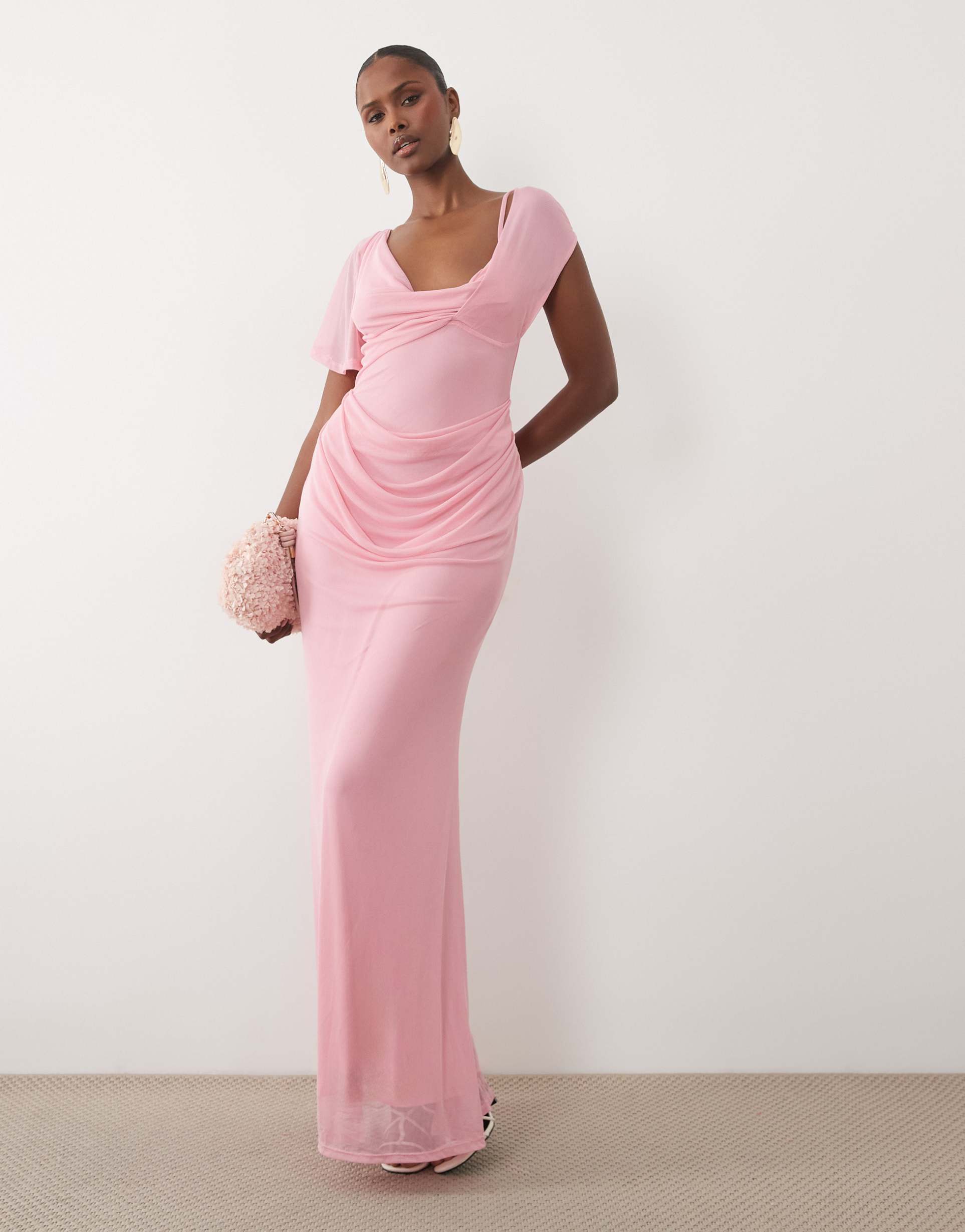 asos design mesh draped asymmetric sleeve maxi dress in pink