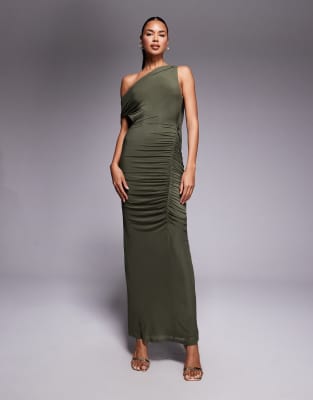 Asos Design Mesh Draped Back Ruched Maxi Dress In Green