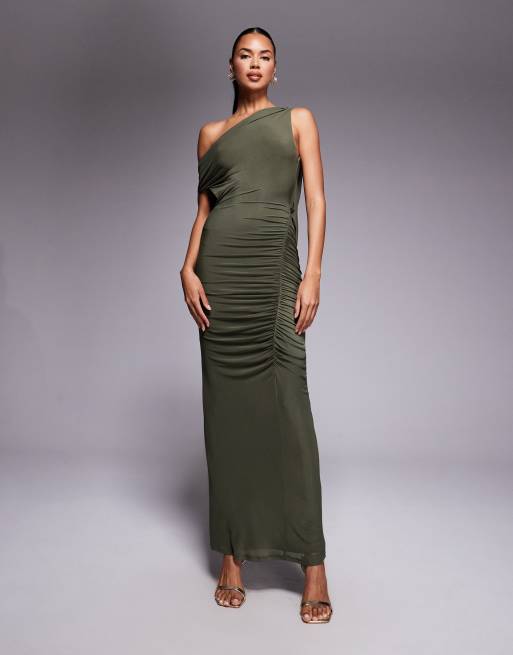 ASOS DESIGN mesh draped back ruched maxi dress in khaki