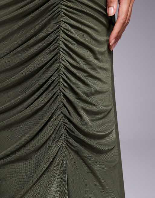 ASOS DESIGN mesh draped back ruched maxi dress in khaki