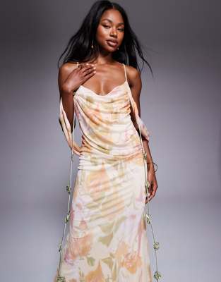 Asos Design Mesh Draped Bardot Layered Neckline Midi Dress With Flower Trim In Multi