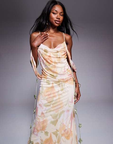 ASOS DESIGN mesh draped bardot layered neckline midi dress with flower trim in floral print - view 1