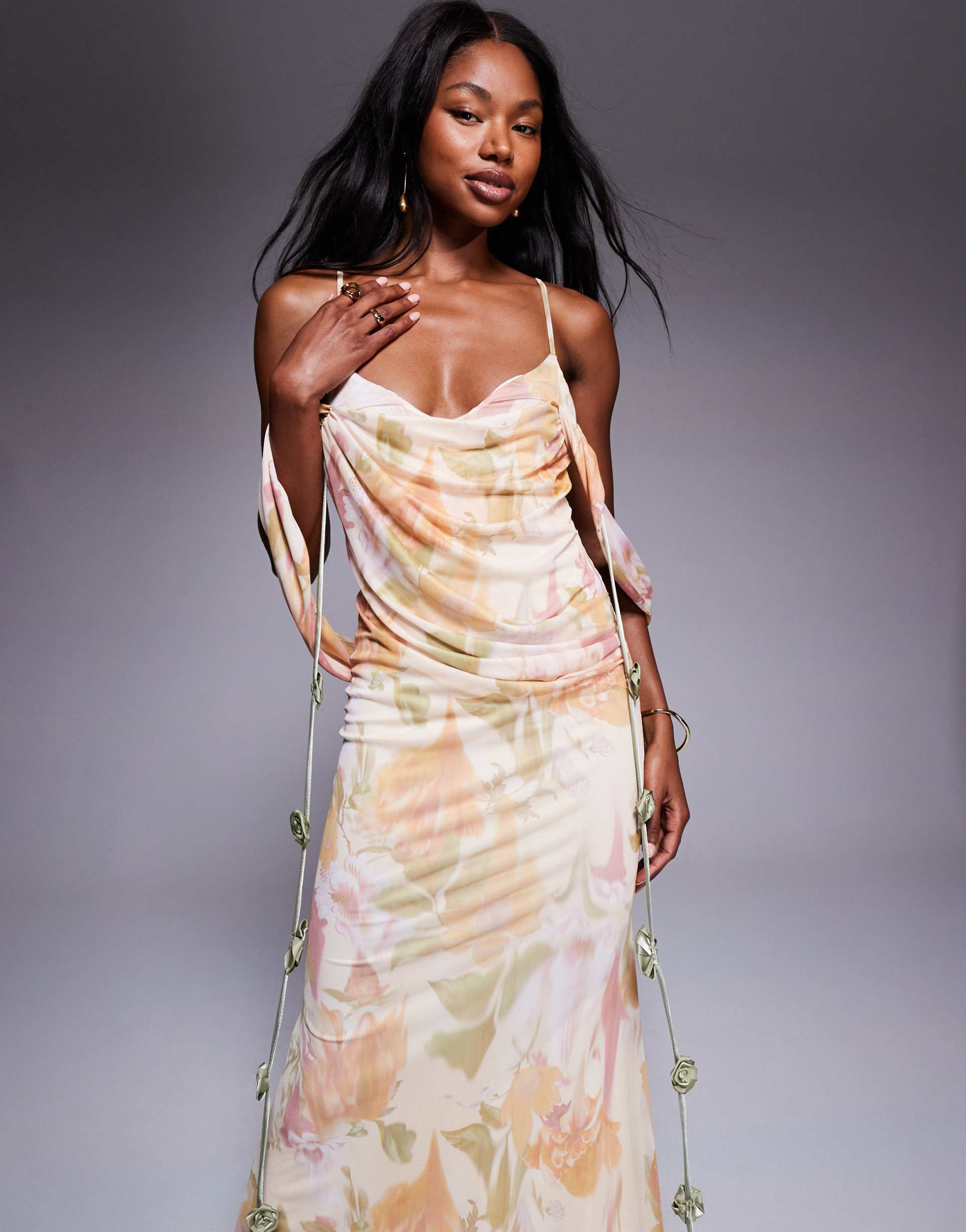 asos design mesh draped bardot layered neckline midi dress with flower trim in floral print
