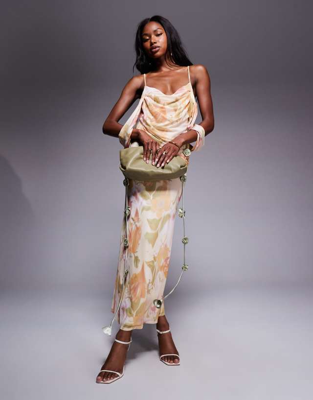 rust floral print satin draped bardot midi dress ASOS DESIGN mesh draped bardot layered neckline midi dress with flower trim  in floral print