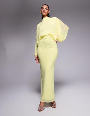 mesh draped blouson long sleeve maxi dress with ruched skirt in lemon yellow